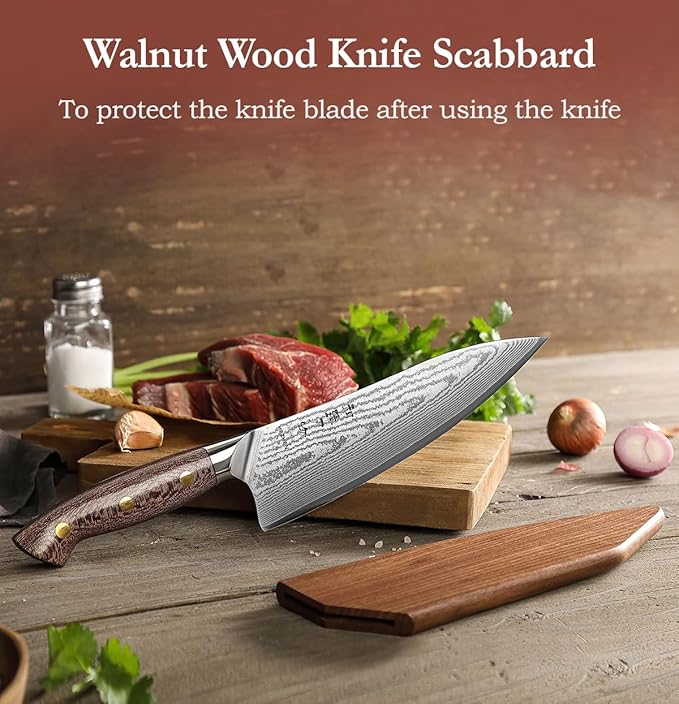 HEZHEN Damascus Chef Knife with Sheath, 8.3 Inches, 67 Layers Dmascus Steel Japanese Kitchen Knifefor Professional Chefs and Family, Micarta Handle,Gift Ready