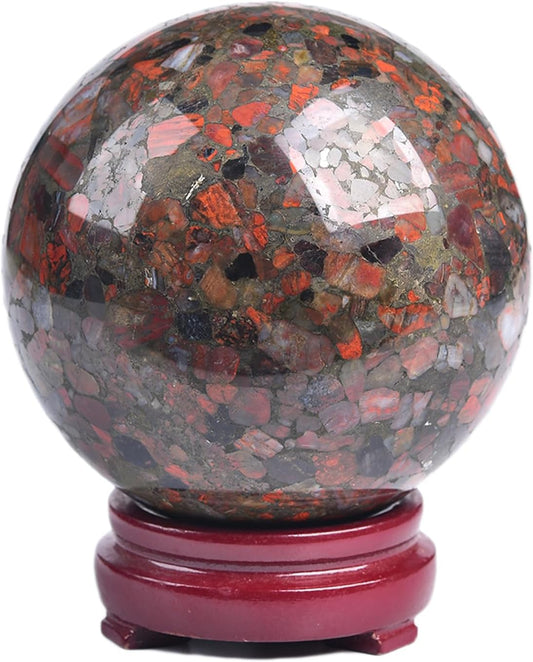 JIC Gem Brazilian Red Agate Crystal Sphere Large Gemstone Sphere Red Healing Crystal Ball with Display Stand Home Decor Meditation Grid Energy Balance (90-100mm)