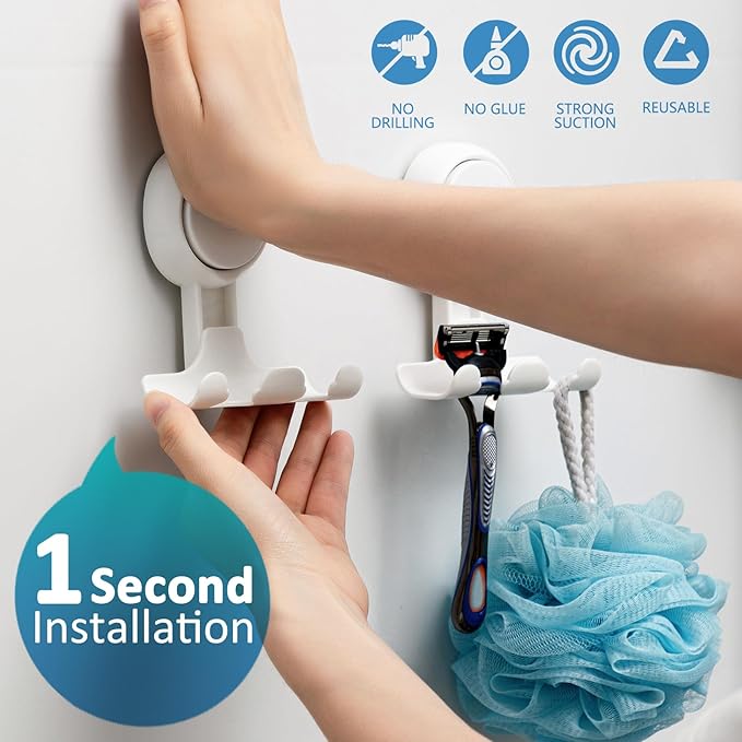 TAILI Suction Cup Razor Holder in Shower 2 Pack, Towel, Loofah, Shaver Holder for Bathroom Wall, Powerful Suction Cup Shower Hooks, Easy to Install and Reuse, White