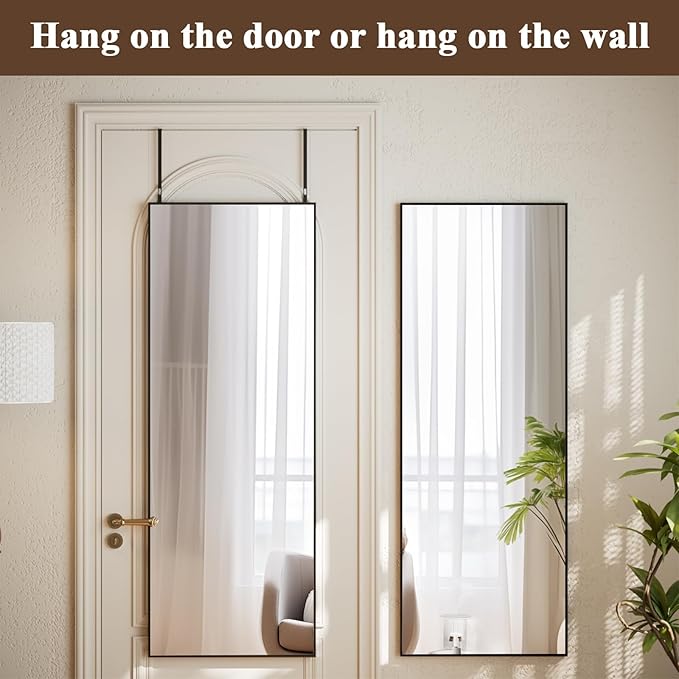 16" x 50" Adjustable Height Over The Door Mirror - Rectangular Full Length Hanging Door Mirror with Shatterproof Tempered Glass Black Metal Frame for Dormitory