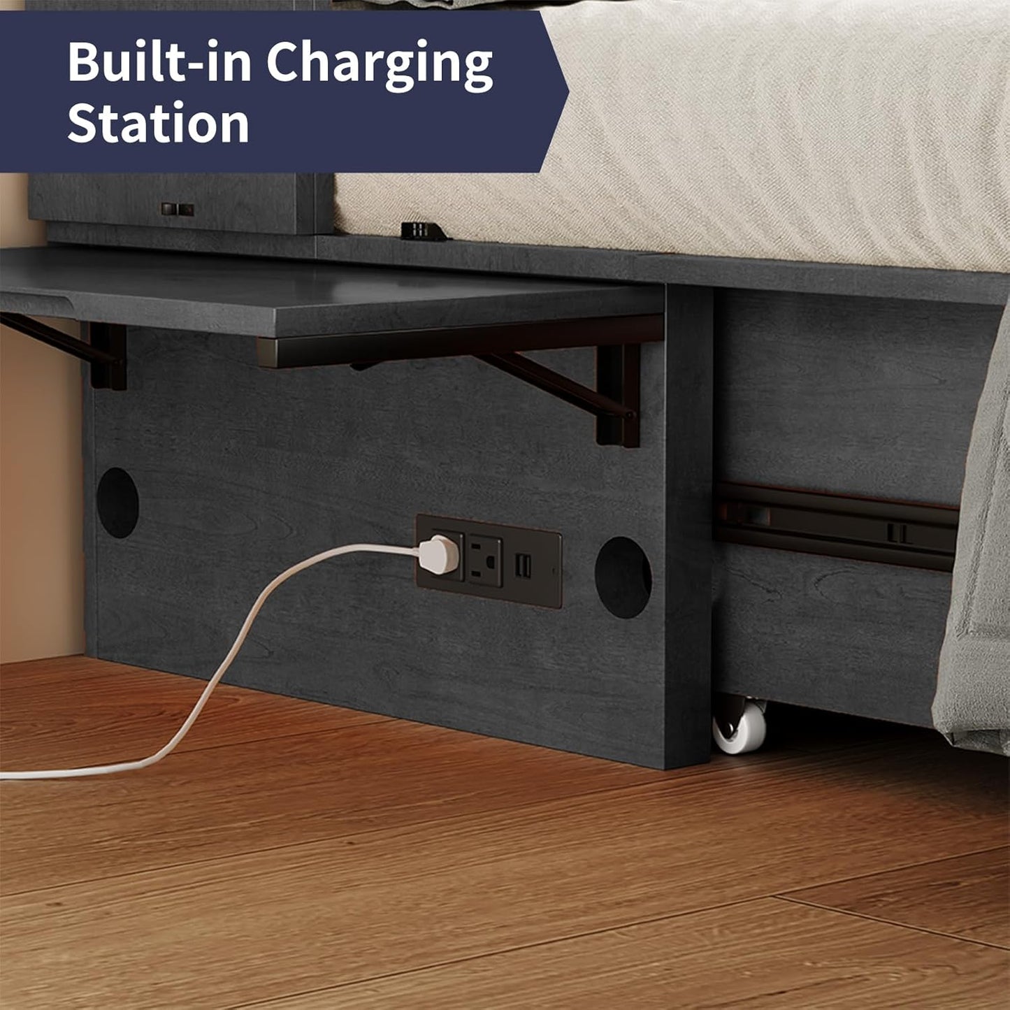 ijuicy Murphy Bed Queen Size with Foam Mattress, Side Storage Board, Cabinet Bed with Charging Station Large Storage Drawer for Space-Saving Room, Foldable Hideaway Bed Queen-Grey