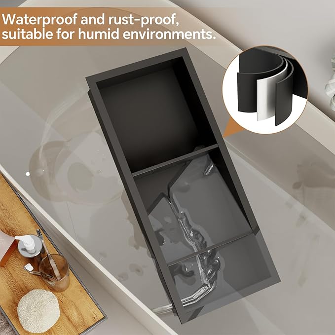 3-Tier Stainless Steel Shower Niche Insert, 29'' * 12'' No Tile Needed Bathroom Niche for Shower Wall, Recessed Wall Cabinet Shelves for Drywall, Living Room, in Wall Shower Shelves, Black