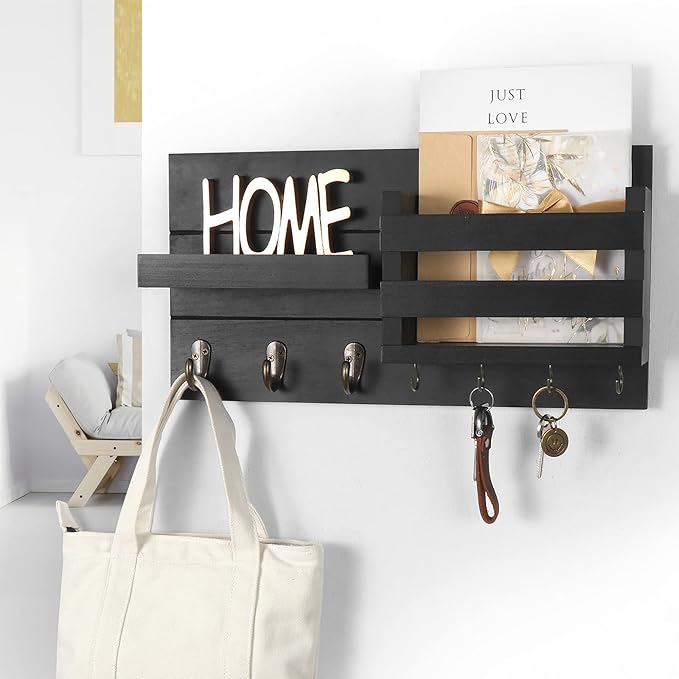 Mail Organizer for Wall Mount – Key Holder with Shelf Includes Letter Holder and Hooks for Coats, Dog Leashes – Rustic Wood with Flush Mounting Hardware (16.5” x 8.7” x 3.5”)