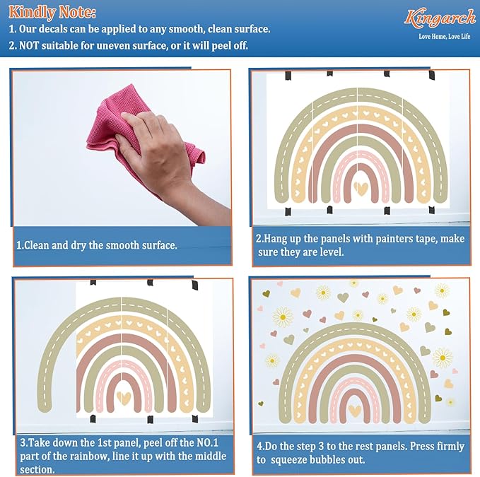 Large Boho Rainbow Wall Decals, Hearts Flowers Peel and Stick Fabric Nursery Wall Decor, Removable Home Room Wall Decor Murals Stickers for Kids Girls Toddler Bedroom Living Room Playroom