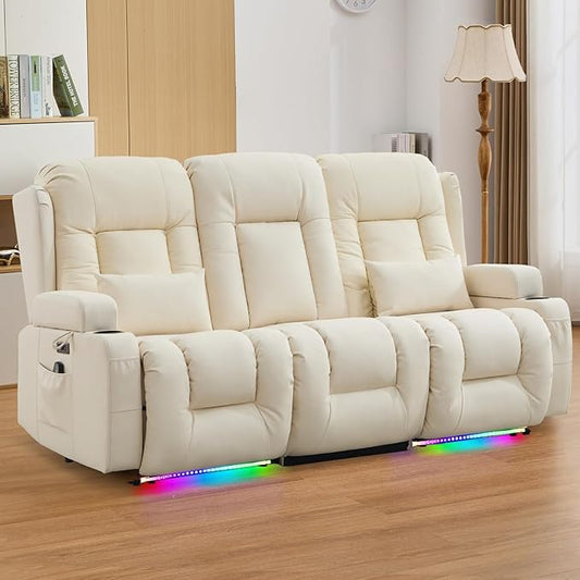 IPKIG 76" Power Reclining Sofa, Electric Home Theater Seating with Flipped Middle Backrest/LED Lighting/USB Ports/Built-in Outlets, Dual Recliner Sofa 3 Seater for Living Room RV (Off-White)