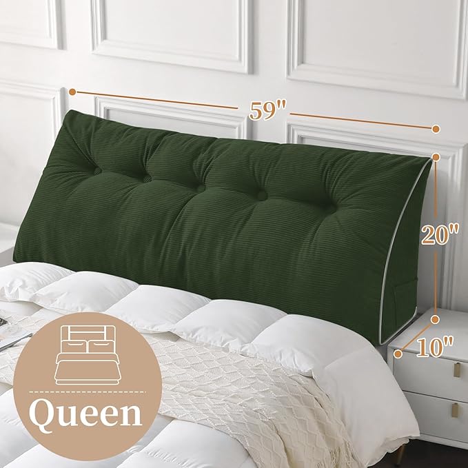 Sasttie Headboard Pillow Queen, Triangular Wedge Pillow Headboard, Wedge Headboard Pillow for Bed Sofa, Daybed Pillows for Sitting up, Reading or Working with Removable Cover, Olive Green