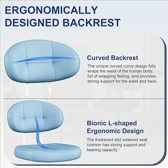 Misolant Vanity Chair with Back, Small Armless Cute Office Chair with Wheels and Lumbar Support, Comfy PU Leather Desk Computer Chairs with Adjustable Height, 360°Swivel for Home Bedroom Office, Blue