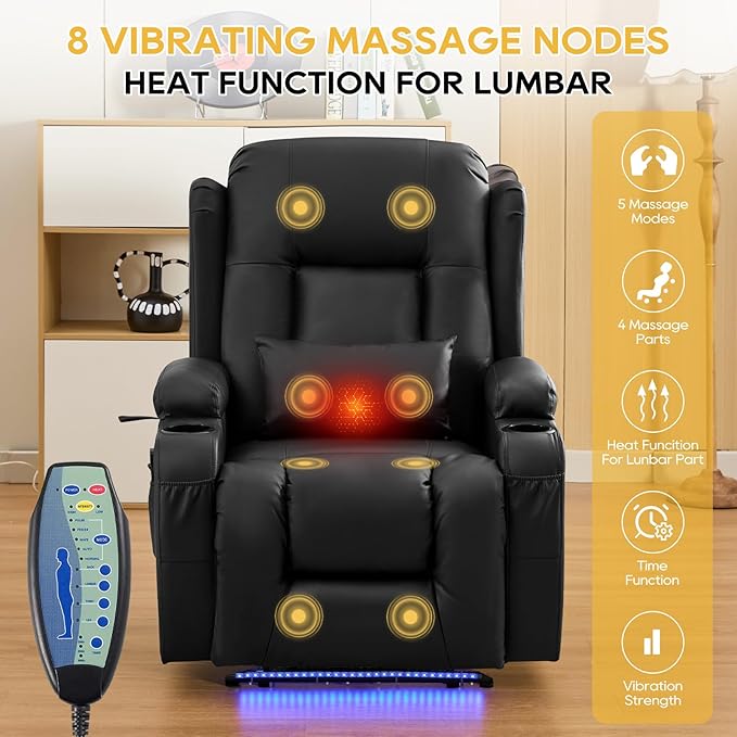 IPKIG Power Recliner Chair, Electric Home Theater Seating with 4 Colors Ambient Lighting/USB Ports/Cup Holders/Side Pockets for Living Room, Bedroom, Home, RVs (Black, Single Chair)