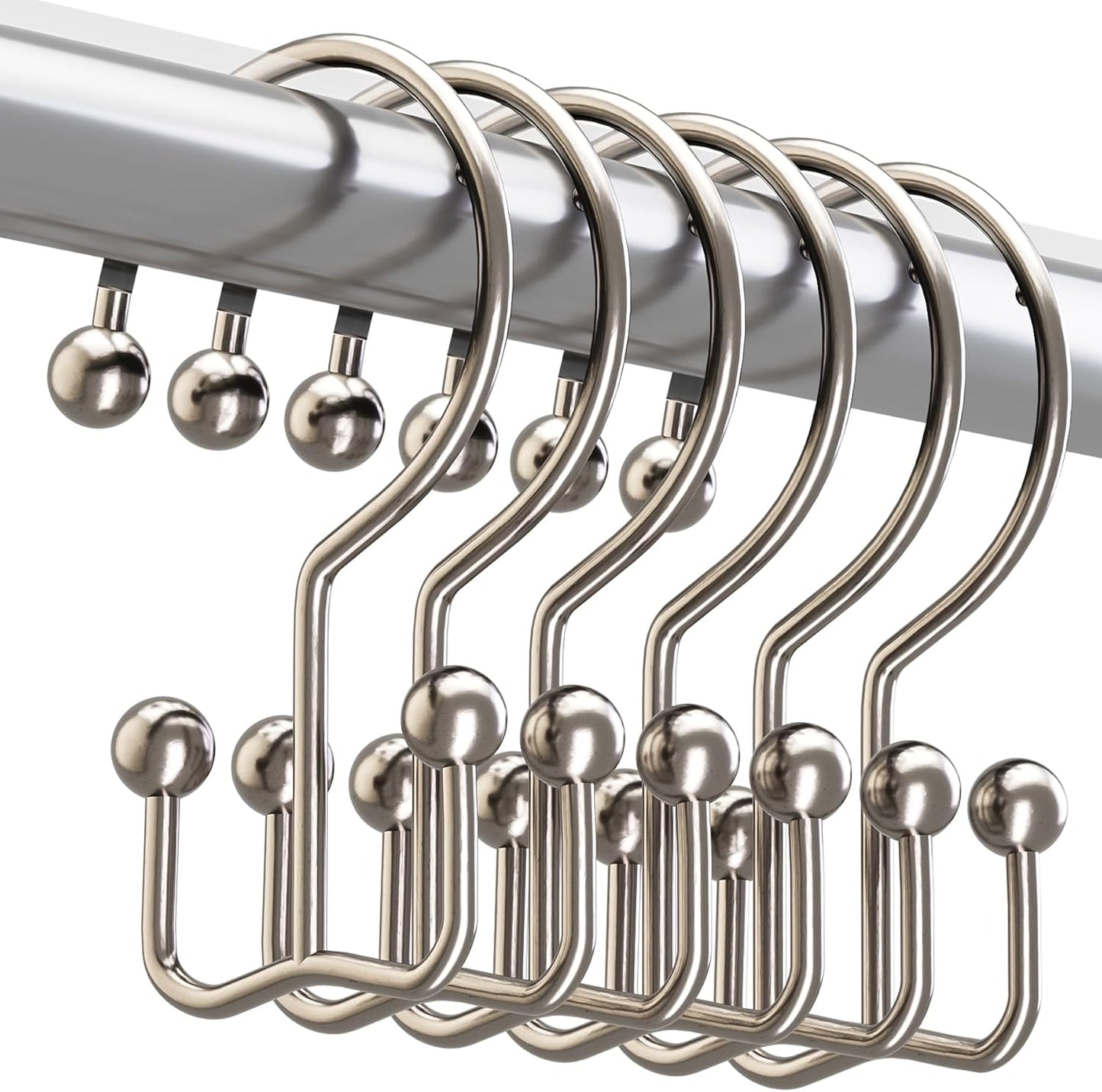 Titanker Shower Curtain Hooks Nickel, Minimalist Simple Double Glide Shower Curtain Rings, Rust Proof Metal Shower Hooks Rings for Bathroom Shower Rods Curtains, Set of 12 Hooks