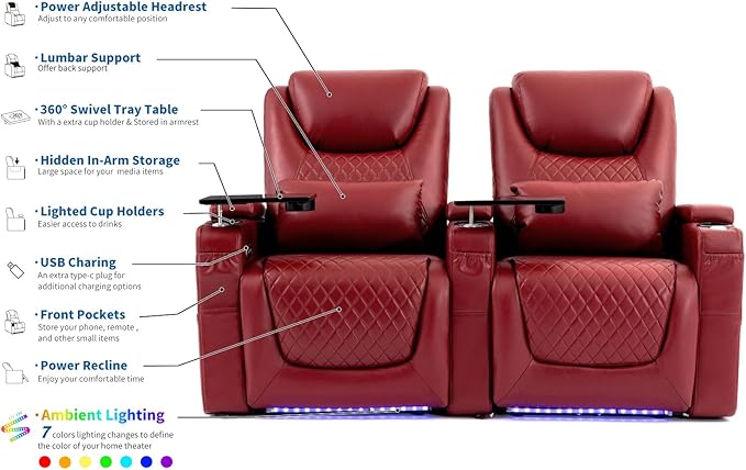 Home Theater Seating Seats, Theater Recliner Chair Sofa Game Movie Theater Chairs with 7 Colors Ambient Lighting, Lumbar Pillow, Side Pocket, Tray Table, Power Recline, Red