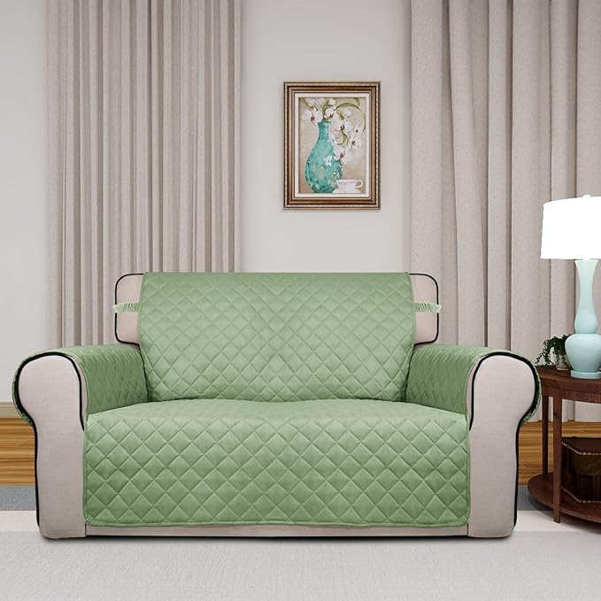 PureFit Reversible Quilted Sofa Cover, Water Resistant Slipcover Furniture Protector, Washable Couch Cover with Non Slip and Elastic Straps for Kids, Dogs, Pets (Loveseat, Sage Green/Ivory)