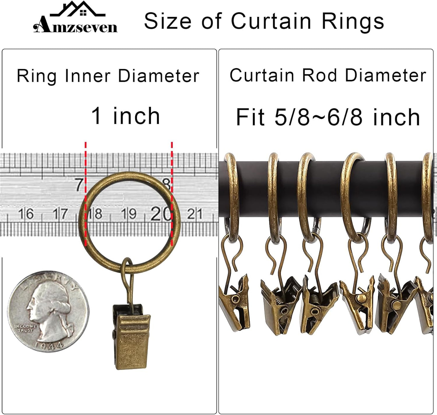 44 Pack Metal Curtain Rings with Clips, Drapery Clips with Rings, Drapes Rings 1 inch Inner Diameter, Fits Diameter 5/8 inch Curtain Rods, Vintage Bronze