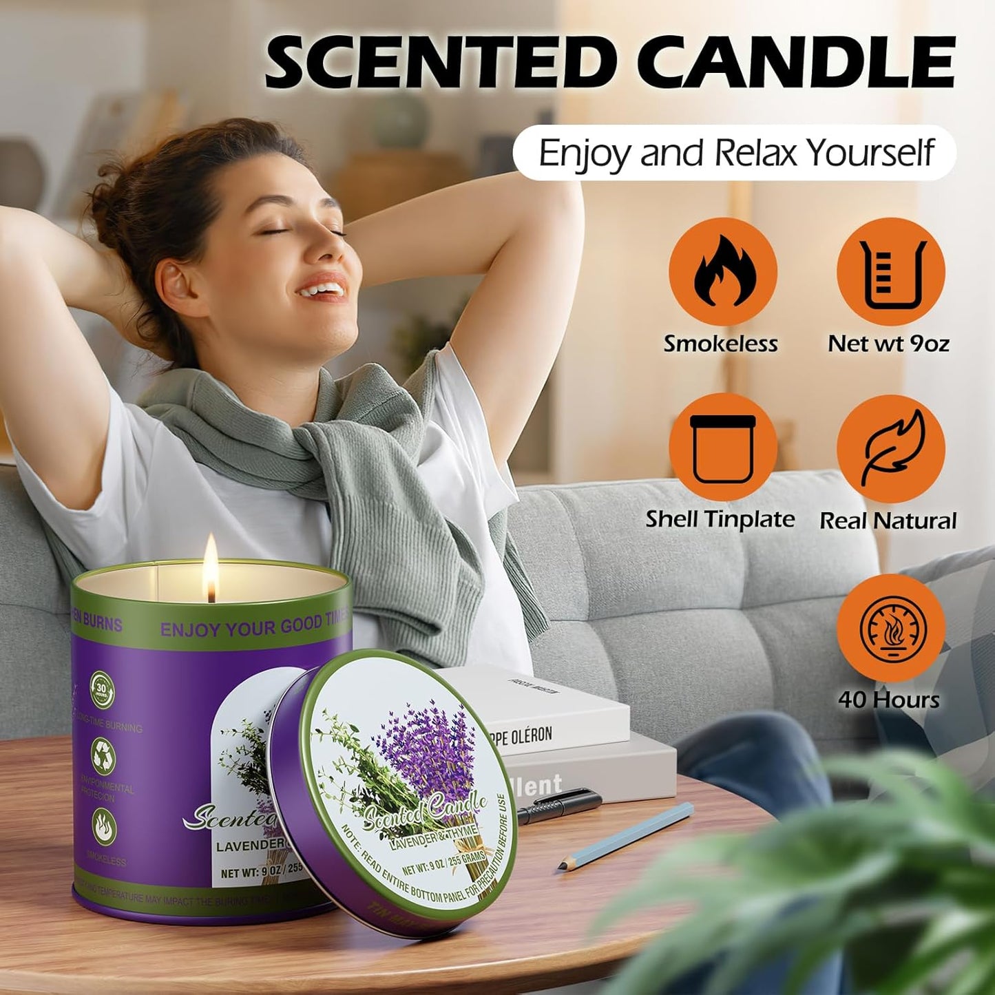 Lavender&Thyme Scented Candle Set | 2Pack 510g 8% Essential Oil, 80H Burn Time | Smokeless Clean-Burning Soy Wax Tin Jar Aromatherapy Candle for Relaxation & Sleep Aid | Candle Gift Set Women&Men