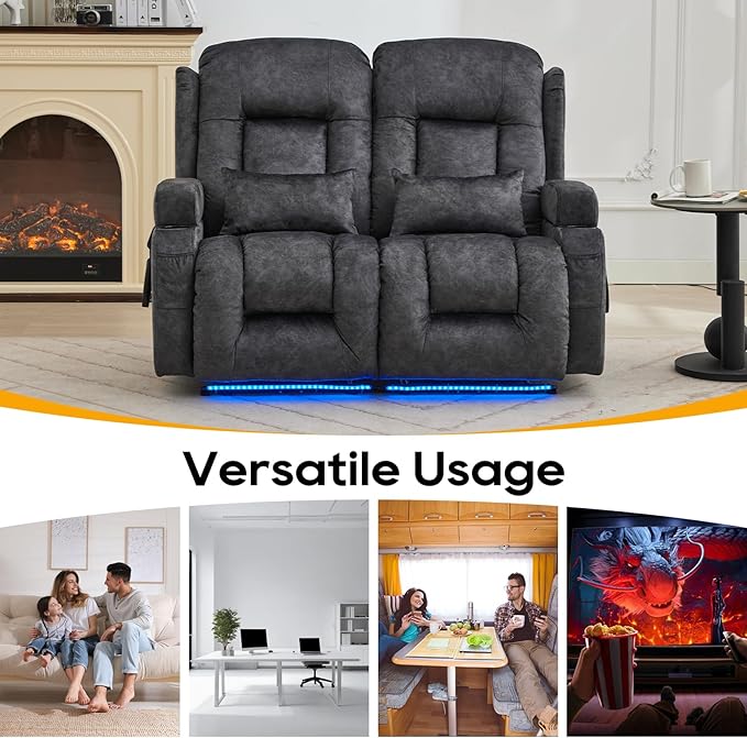 IPKIG 54" Power Loveseat Recliner Sofa, Electric Home Theater Seating with Massage Heat/4 Colors Ambient Lights/USB Port/Side Pocket/Cup Holder for Living Room, Bedroom, RV (Grey, 2 Seater)