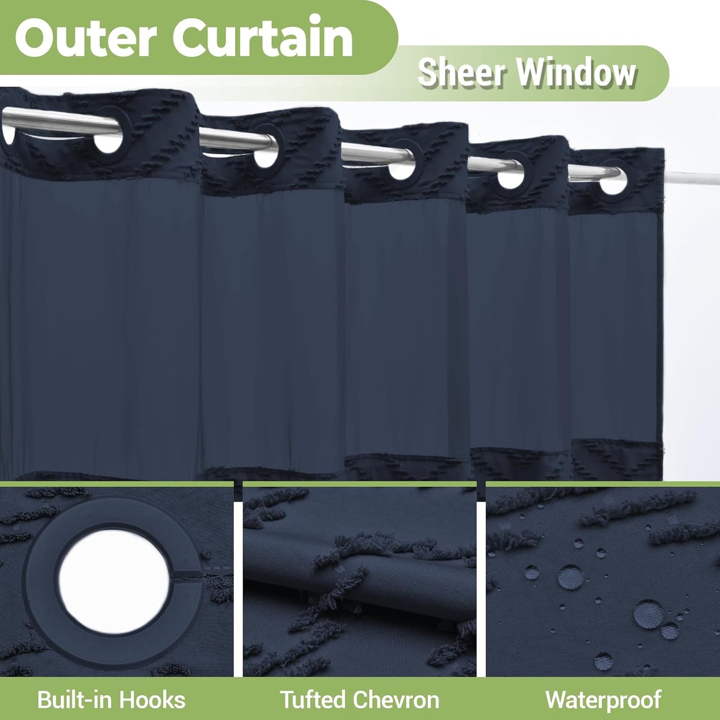 No Hook Shower Curtain with Snap in Liner, Tufted Chevron Striped Shower Curtain Set for Bathroom, Boho Waterproof and Washable Shower Curtains, 71Wx74H, Navy Blue