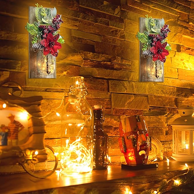 Mason Jars Sconce Decor Rustic Wall Sconces Handmade Wall Art Hanging Design with Remote Control LED Fairy Lights and Red Berry, Xmas Farmhouse Wall Home Decor Living Room Lights Set of Two