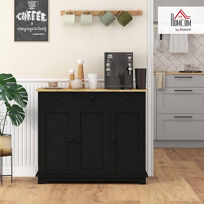 HOMCOM Sideboard with Solid Wood Countertop, Modern Kitchen Storage Cabinet, Coffee Bar Cabinet with 3 Drawers, Doors and Adjustable Shelf, Distressed Black
