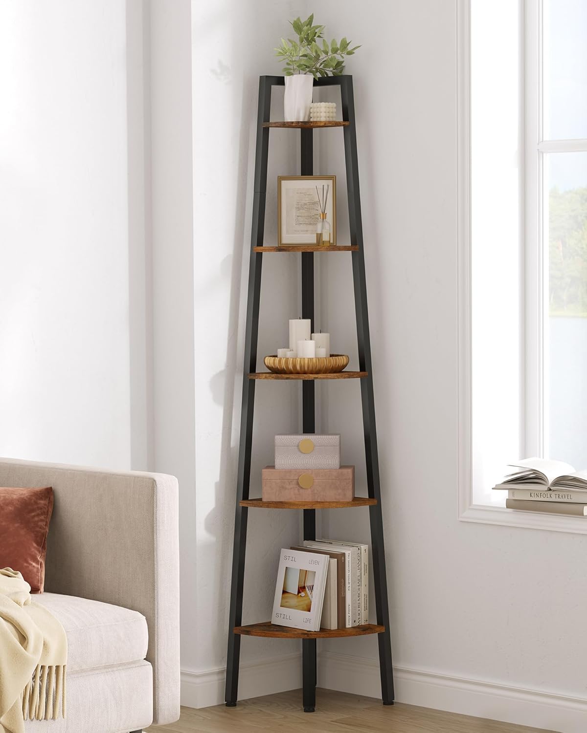 Hoctieon Corner Shelf, 5-Tier Corner Bookshelf, Rustic Ladder Shelf, Industrial Display Stand for Living Room, Kitchen, Home Office, Balcony, Small Space, Metal Frame, Rustic Brown