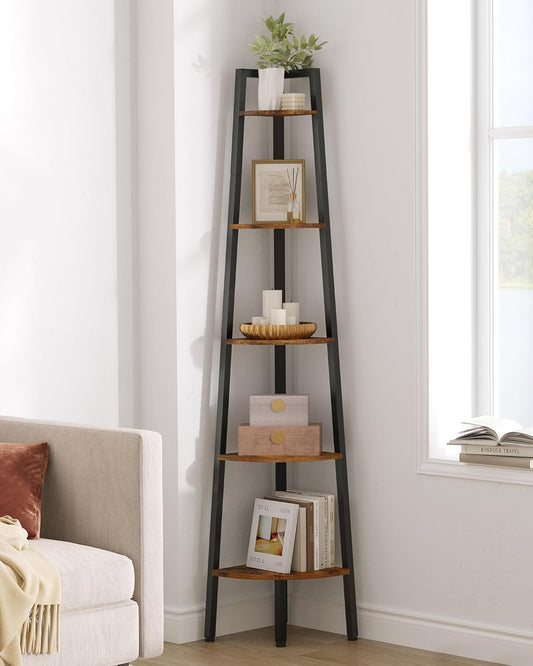Hoctieon Corner Shelf, 5-Tier Corner Bookshelf, Rustic Ladder Shelf, Industrial Display Stand for Living Room, Kitchen, Home Office, Balcony, Small Space, Metal Frame, Rustic Brown