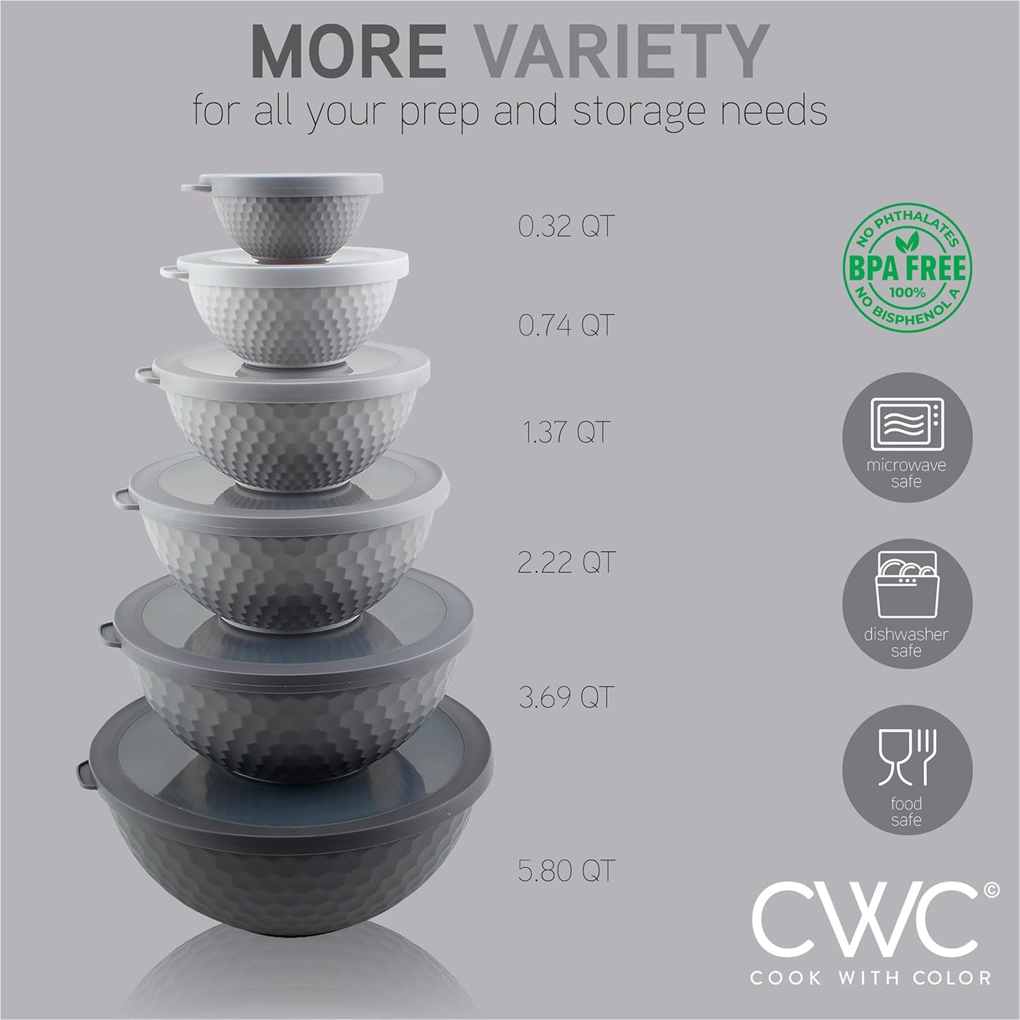 COOK WITH COLOR Mixing Bowls with Lids - 12 Piece Plastic Nesting Bowls Set includes 6 Prep Bowls and 6 Lids, Non Slip Bottom and Embossed Design - Microwave Safe (Grey)