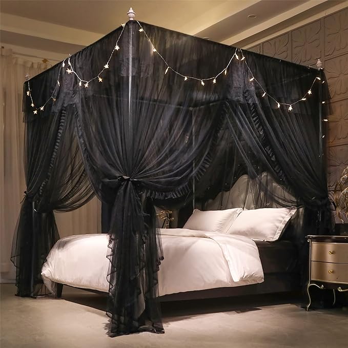 VETHIN 4 Corners Post Ruffle Princess Bed Canopy Curtain-Double Layer Cozy Drape Netting 4 Opening Mosquito Net for Girls Adults Bedroom Decoration (Double-Black,47" W*78" L*82" H/Twin)