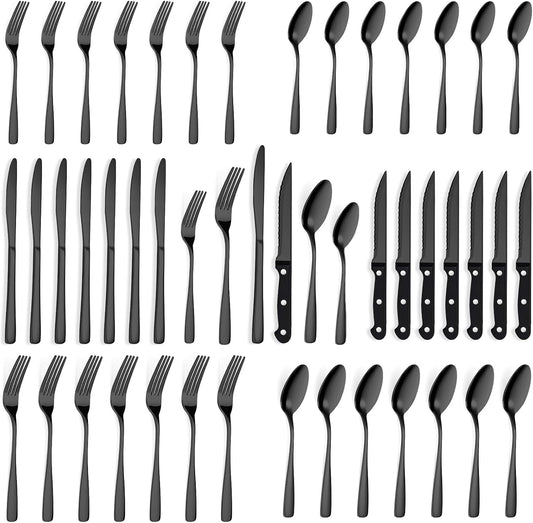 BEWOS 48-Pieces Black Silverware Set for 8 - Stainless Steel Flatware Set with Mirror Polish, Black Silverware Set Including Steak Knives, Forks and Spoons, Dishwasher Safe for Restaurant