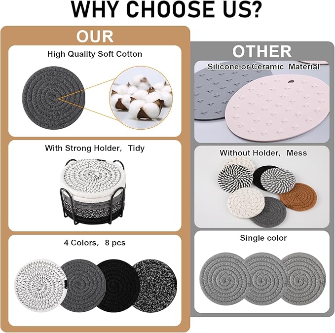 OIAHOMY 8 Pcs Coasters with Holder, Coasters for Drinks, Woven Cotton Absorbent Coaster Set for Kinds of Cups, Housewarming Gifts for Home Decor -Black