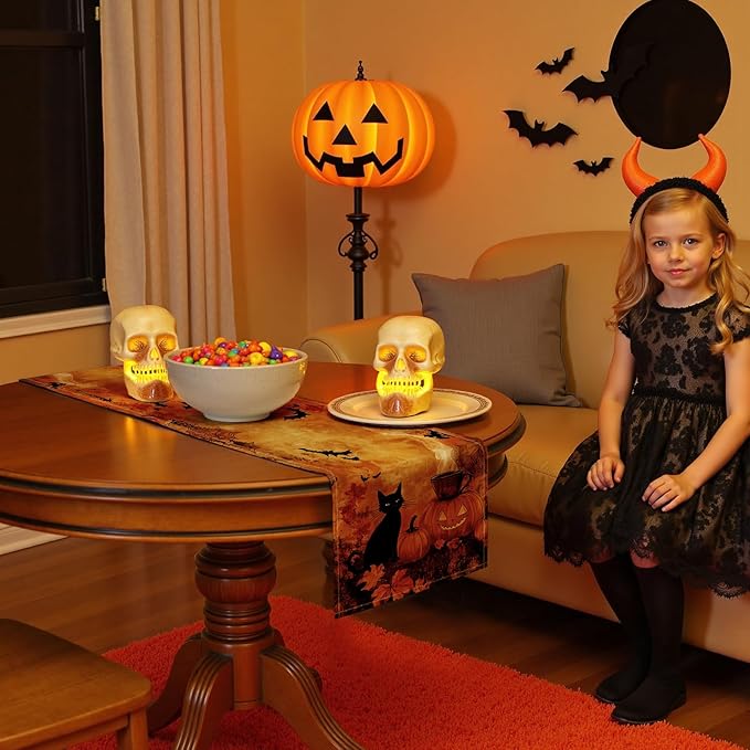 Halloween Table Runner with Black Cats, Bats & Pumpkins, Table Decoration for Dining Party and Home Decor,36x13 inches