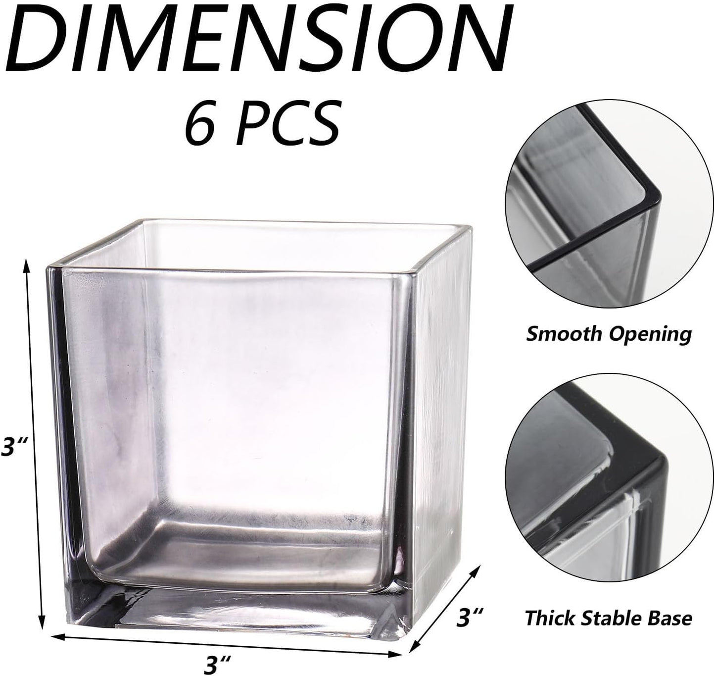 Square Vases Set of 6, 3"x 3"x 3" Glass Vases for Flowers, Square Flower Vase for Centerpieces, Small Grey Vase for Wedding, Party, Home Office Decoration