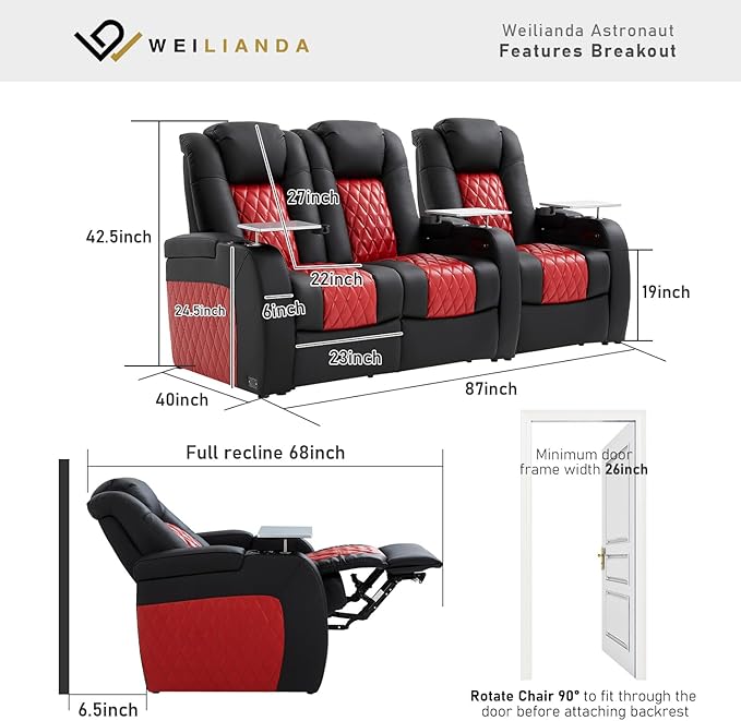 Home Theater Seating, Top Grain Leather Movie Seats Recliner Chair, Zero Gravity Reclining Gaming Sofa with Power Headrest 7 Colors Ambient Lighting 3 Seats Loveseat Left Black Dark Red