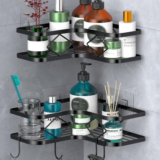 Kadolina Large Corner Shower Caddy, 2 Pack Adhesive Bathroom Shower Organizer Shelves, No Drilling Rustproof Wall Mounted Shower Storage Basket Shampoo Holder Organizer (Black)