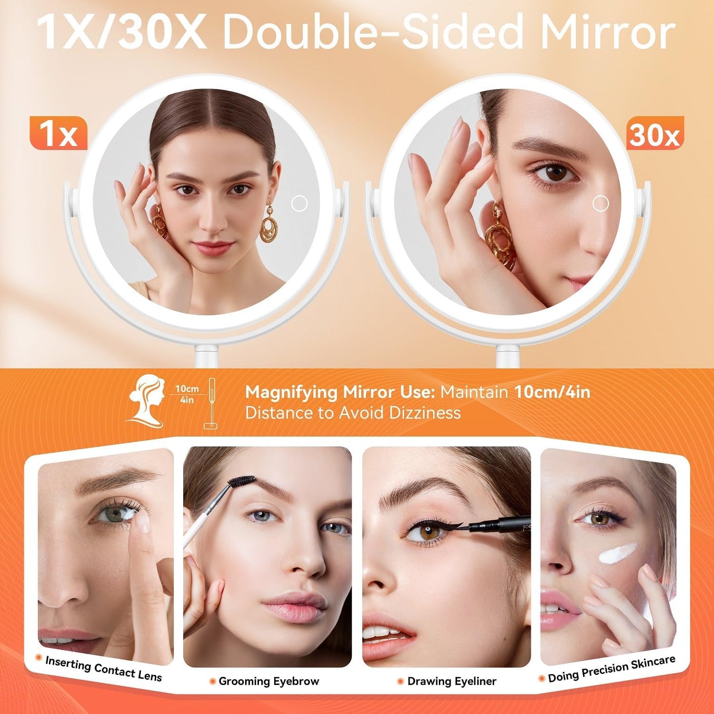 Makeup Mirror with Lights, Double Sided 30X/1X Magnifying Mirror with Light, 3 Color Stepless Dimmable with Touch Screen, Rechargeable 360° Free Standing Vanity Mirrors for Bathroom, Bedroom