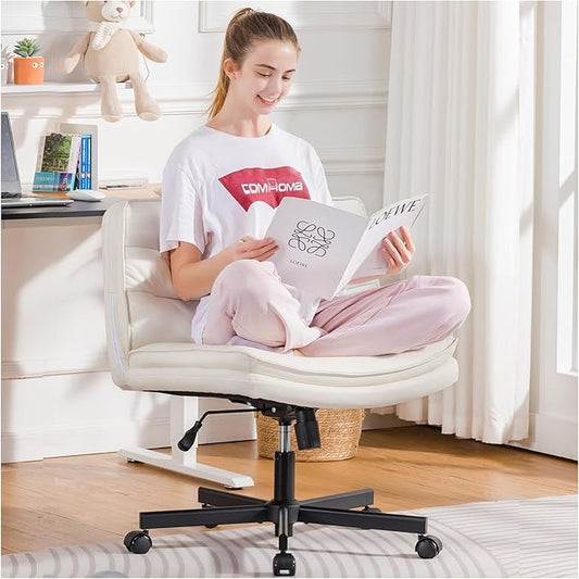 COMHOMA Cross Legged Office Chair with Wheels Armless Office Desk Chair, Modern Vanity Computer Task Chairs for Home Bedroom, Comfortable Wide Seat for Lower Back Pain Relief, PU Leahter, Beige