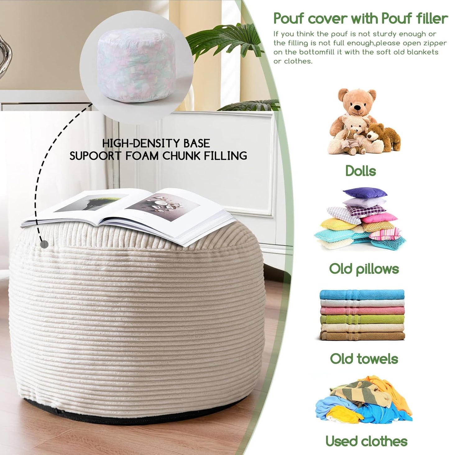 HIGOGOGO Round Stuffed Pouf Ottoman, Corduroy Poufs with Foam Chunk Filling, Corduroy Pouf Foot Stool Storage Ottoman, 26 X 18 Floor Poufs Foot Rest for Living Room, Beige
