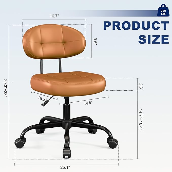 Misolant Vanity Chair with back, Small Armless Cute office Chair with wheels and Lumbar support, Comfy PU Leather Desk Computer Chairs with Adjustable Height, 360°Swivel for Home Bedroom Office, Brown