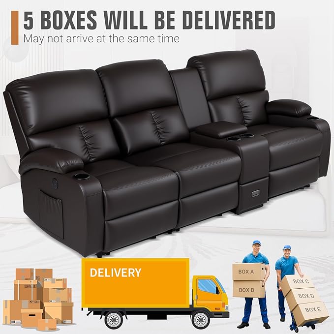 Home Theater Seating,RV Recliner Sofa with Massage and Heat,RV Manual Recliner Loveseat with USB/Cup Holders and Side Pocket for Living Room,3 Loveseat Brown