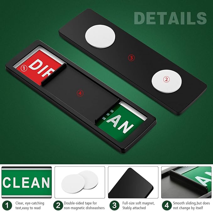 Dishwasher Magnet Clean Dirty Sign Shutter Only Changes When You Push It Non-Scratching Strong Magnet or Adhesive Options Indicator Tells Whether Dishes are Clean or Dirty (Black)