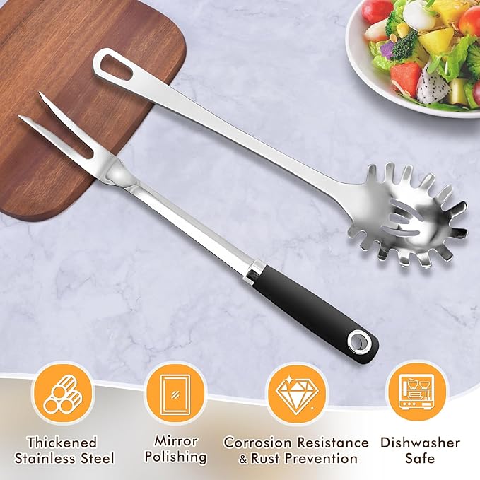 Meat Cooking Fork, Silicone Stainless Steel Meat Cooking Fork, Heavy Duty Metal Cooking Fork for Kitchen Use, High Heat Resistant Cooking Utensils for Meat BBQ, Dishwasher Safe, Easy to Clean, Silver