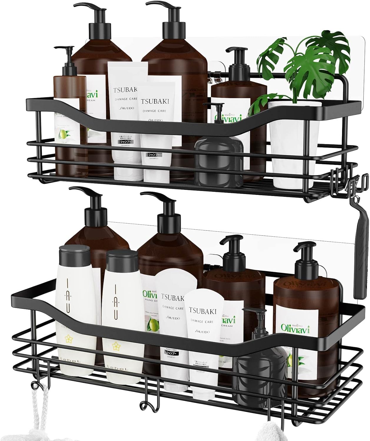 Orimade Adhesive Shower Caddy Shelf with 5 Hooks Organizer Storage Rack Rustproof Wall Mounted Stainless Steel No Drilling for Bathroom, Toilet, Kitchen - 2 Pack,Black