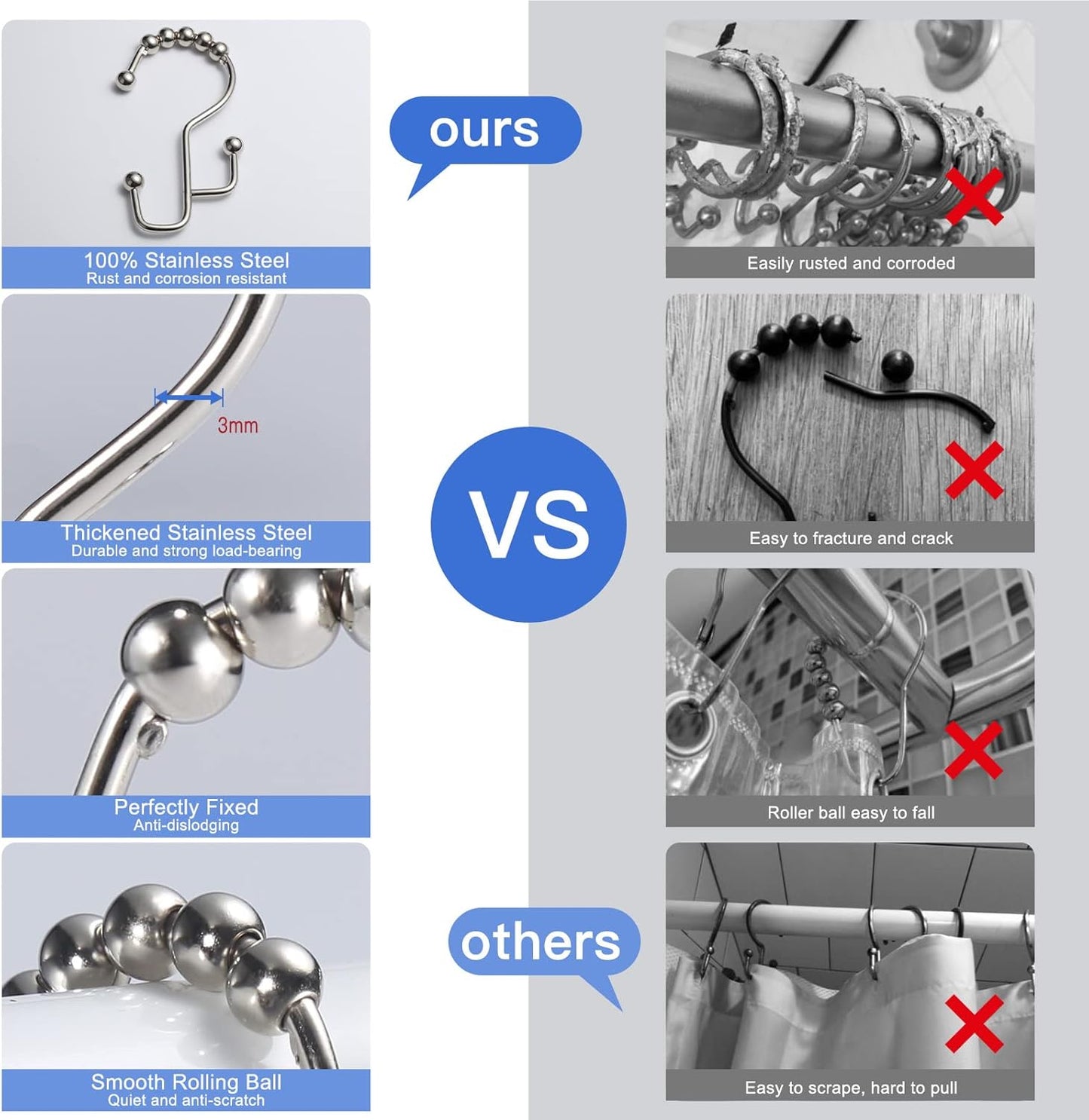 Shower Curtain Hooks, 12 Pcs Double Shower Curtain Hooks Rings, Black Shower Curtain Hooks Rust Proof, Stainless Steel Bathroom Shower Hooks for Shower Curtain, Towels, Clothing, Nickel