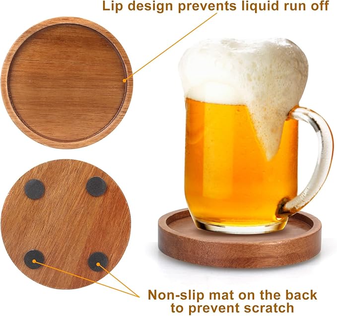 Rustic Wooden Coasters Set of 8 Farmhouse Coffee Table Decor Acacia Wood Drink Coaster with Holder Modern Outdoor Bar Cool Cup Costers Kitchen Accessories Decoration Home Dining Coasters Gift