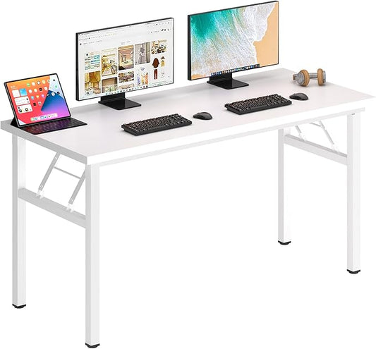 DlandHome Computer Desk 62 inches Office Desk Computer Table Study Writing Desk Workstation for Home Office Metal Frame No Install Needed White and White