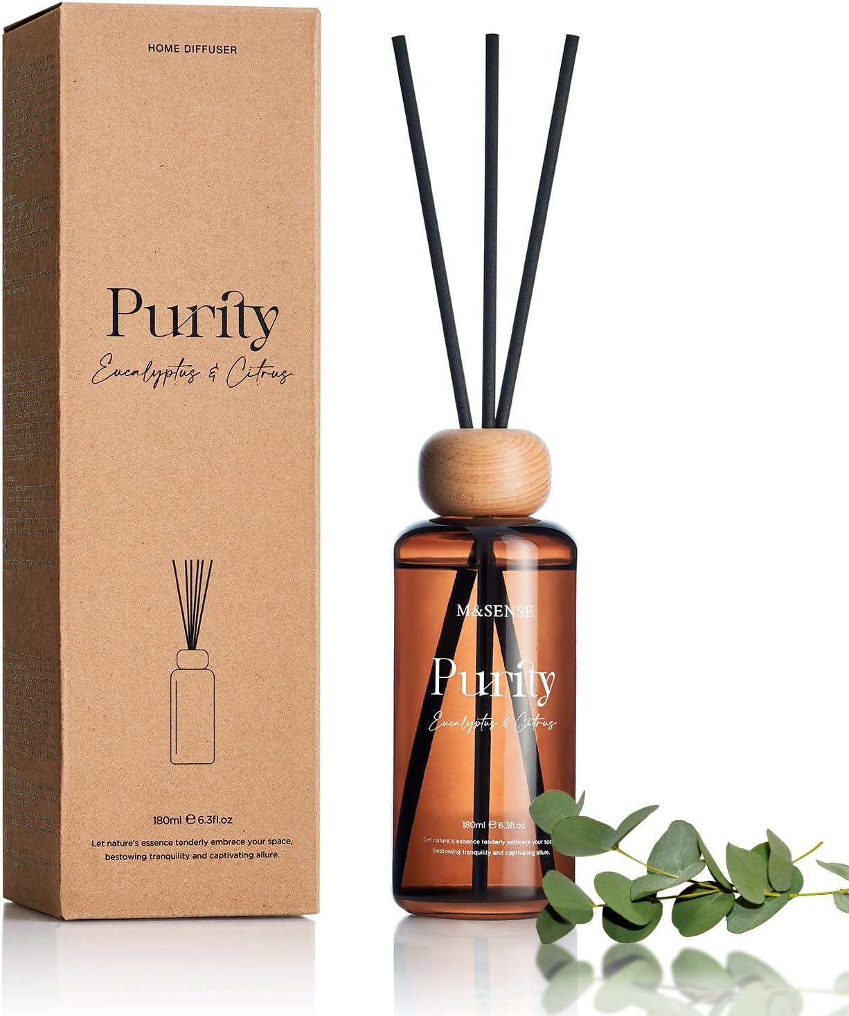M&SENSE Eucalyptus Citrus Reed Diffuser: 6.3 fl oz Non-Toxic Aroma Set with Sticks, Light & Subtle Fragrance, Long-Lasting Natural Essential Oil Gifts for Bedroom, Shelf Decor & Small Spaces