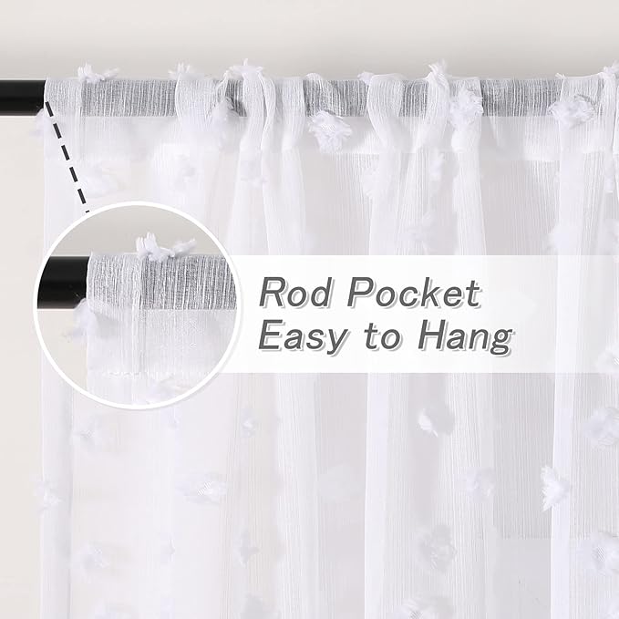 MYSKY HOME White Sheer Short Curtains with Pom Pom for Small Windows Bedroom Nursery Kids Girls Room Curtains Cafe Kitchen Light Filtering Boho Drapes, Rod Pocket,38 x 54 Inches, 2 Panels