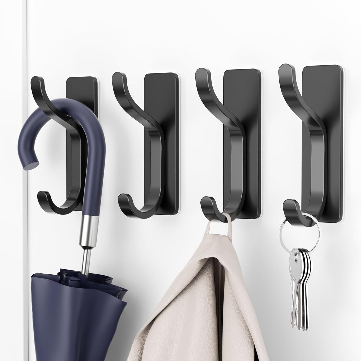 Adhesive Wall Hooks for Hanging: 2-Pack Coat Hooks for Towel, Hat, Purse, Clothes, Keys, Backpack, Stick On Hangers for Door, Kitchen, Dorm, RV, Bathroom, Shower, Hold 13 lb, Stainless, Black