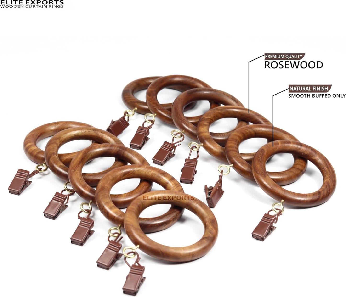 24 Pcs Curtain Rings with Clips Wooden, 2.5 inch for 1-1.5 inch Rod, Window Shower Curtain Hooks, Wood Curtain Rod Wood Curtain Rings with Eyelet, Drapery Rings, (24, 1.75 INCH Inner Dia)