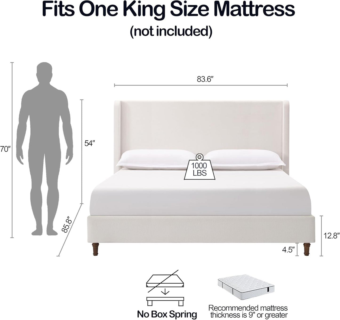 King 54" Tall Headboard Wingback Upholstered Platform Bed Frame Elegant Simplicity Chenille for Bedroom Strong Wood Slats Support No Box Spring Needed Easy Assembly No Noise Cream White