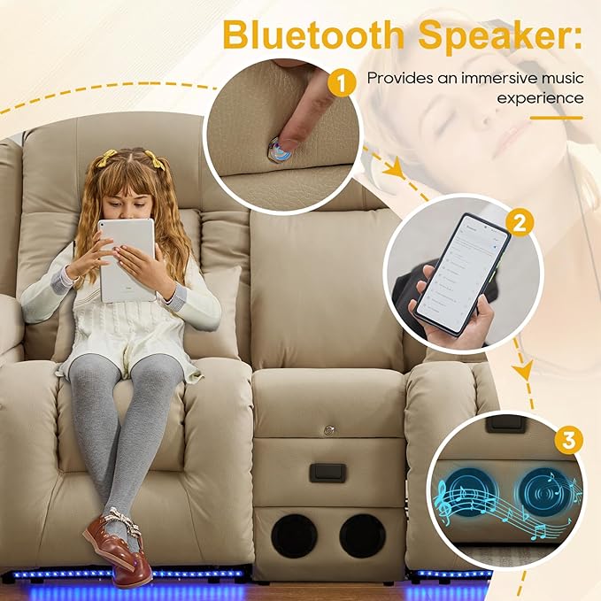IPKIG 67" Power Reclining Loveseat Sofa, Electric Home Theater Seating with Console/4 Colors Ambient Lighting/Bluetooth Speakers/USB Ports/Built-in Outlets (Beige, Loveseat Recliner)