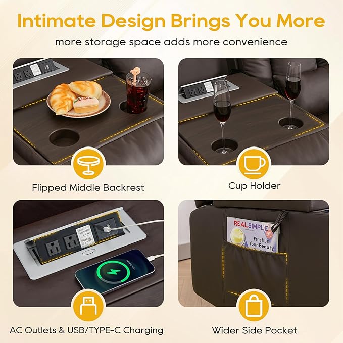 IPKIG 76" Power Reclining Sofa, Electric Home Theater Seating with Flipped Middle Backrest/LED Lighting/USB Ports/Built-in Outlets, Dual Recliner Sofa 3 Seater for Living Room RV (Brown)