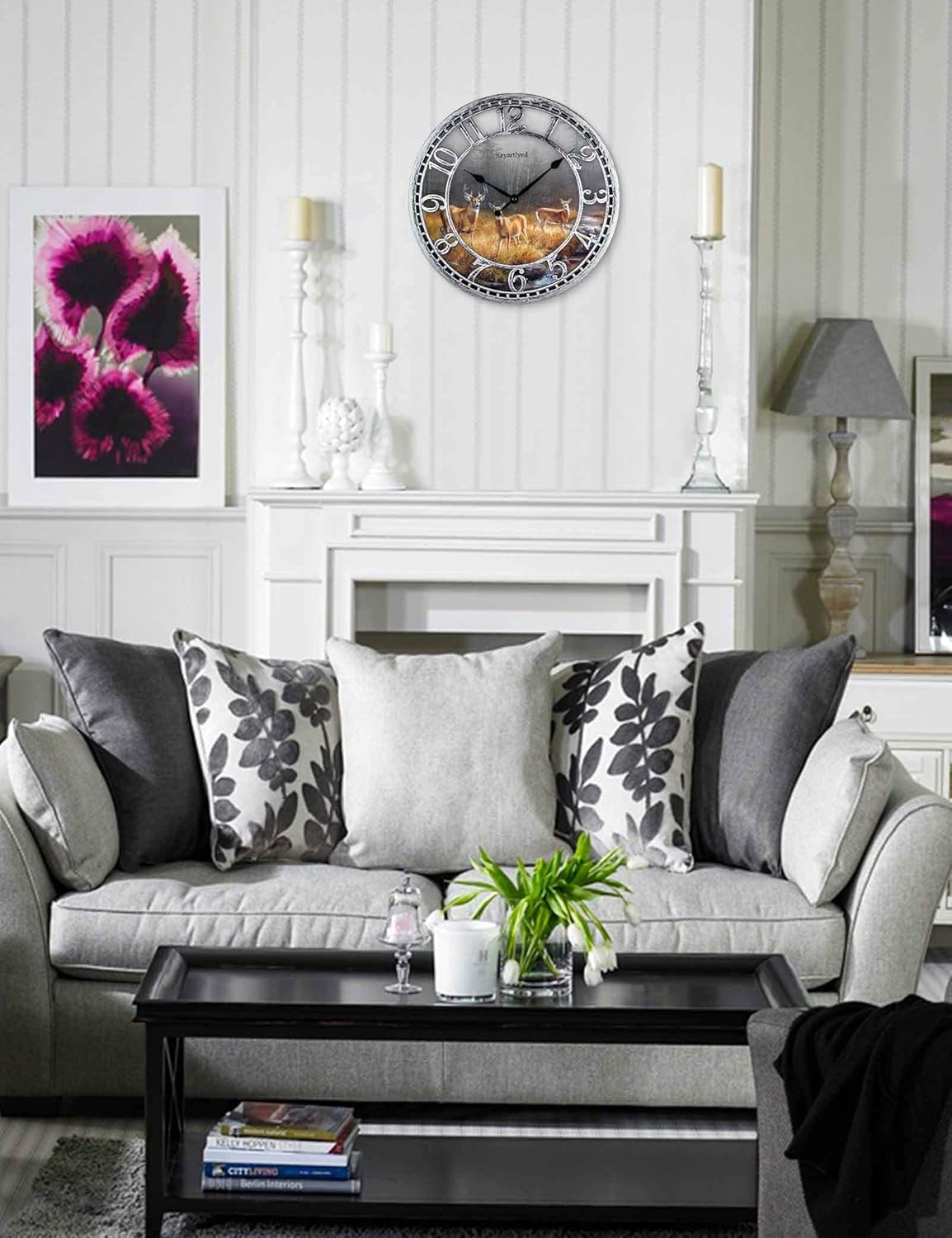 Great Looking Deer Clock Wildlife Wall Clock Silent Non Ticking Battery Operated 12 Inch Quality Plastic Round Wall Clocks for Home Kitchen Living Room Bedroom Office Decor (Antique Silver)